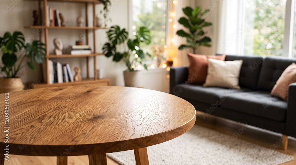 Fototapeta premium Round Wooden Coffee Table Surface with Blurred Modern Living Room Interior Background
