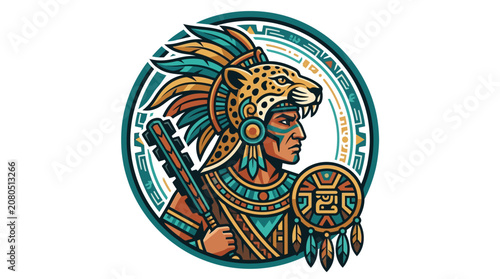 Circular stylized Aztec jaguar warrior colorful emblem.