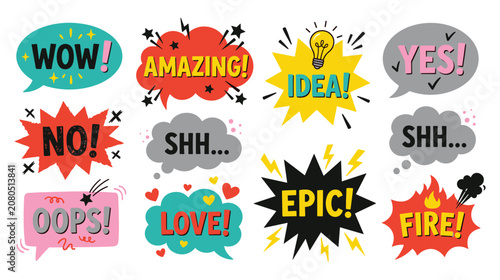 Tableau sur toile Colorful comic speech bubbles with motivational text amazing idea wow yes and epic labels