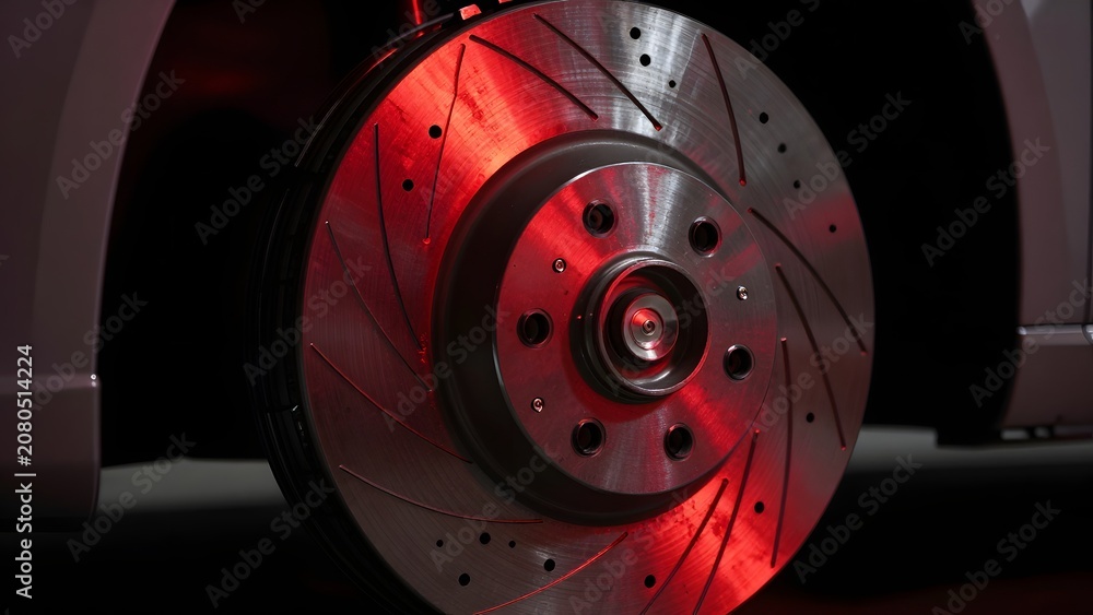 Fototapeta premium 200. [STYLE] of a car's brake disc glowing faintly red from friction heat showing intricate ventilated metal texture and fine heat shimmer, dramatic dark studio lighting, deep red glow and charcoal me