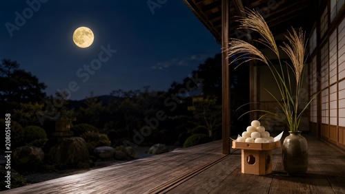 十五夜の夜空に浮かぶ満月と月見団子 縁側のお月見の和の情景