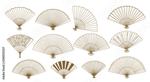 Various designs of traditional folding fans with intricate patterns and different open orientations.