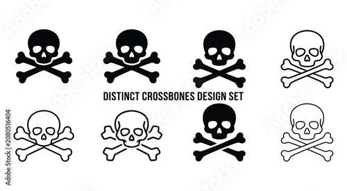 Skull and crossbones icons black and white line art design set
