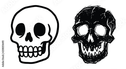 Two skull illustrations black ink sketches on a white background