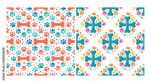 Dog Bone And Paw Print Pattern Colorful Vector Illustration On White Background