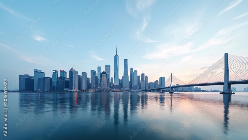 Fototapeta premium Tall city skyscrapers, cable-stayed bridge and smooth water reflections at soft sunrise