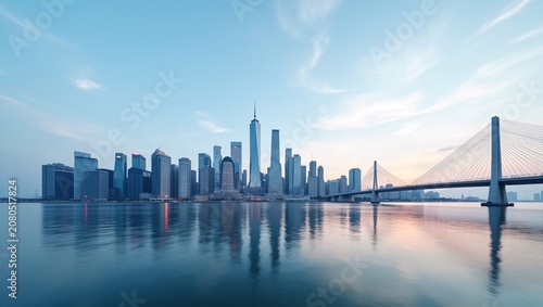 Tall city skyscrapers, cable-stayed bridge and smooth water reflections at soft sunrise
