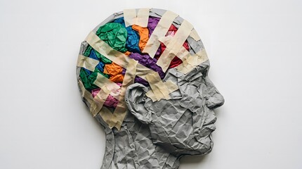 World mental health day concept crumpled paper head with colorful brain fragments