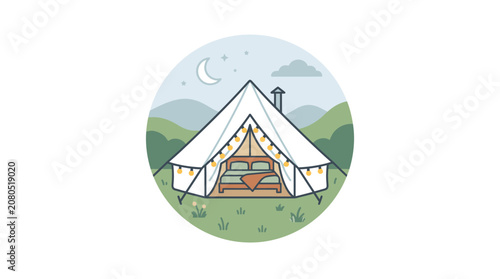 Nighttime glamping bell tent circular mountain landscape illustration.