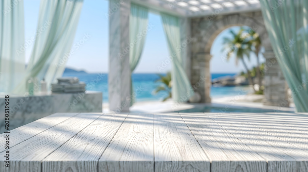 Fototapeta premium Empty white wooden tabletop on mediterranean terrace with sea view for product mockup display and summer advertisements.