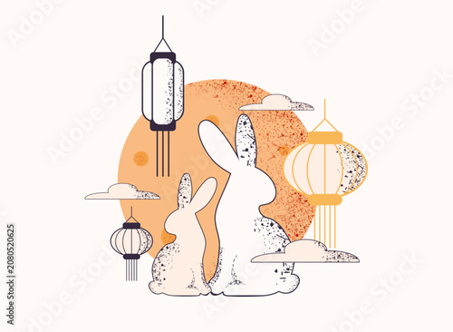 Silhouettes of hares with moon and lanterns. Modern design. 