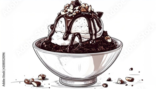 Delicious Ice Cream Sundae with Chocolate Sauce and Nuts Illustration.