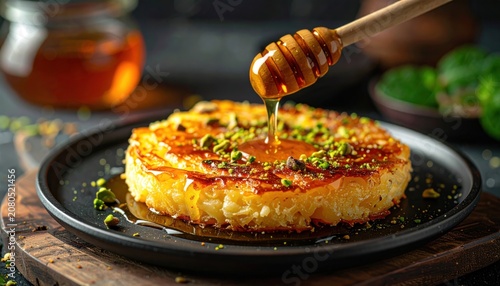 Delicious Kataifi Pastry with Honey and Pistachios on a Plate.