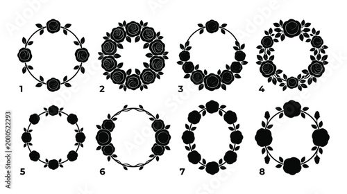 Canvastavla Numbered Rose Wreaths, Flat Vector Floral Frames and Circular Black Silhouette D
