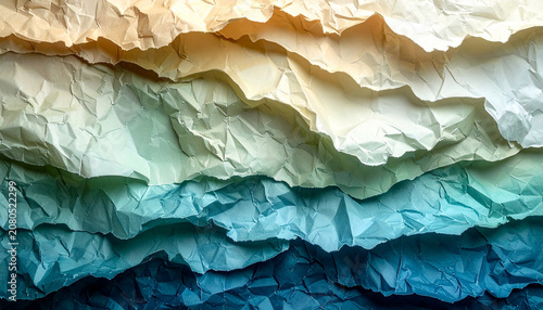 Layered crumpled paper background with beige green and teal blue gradient