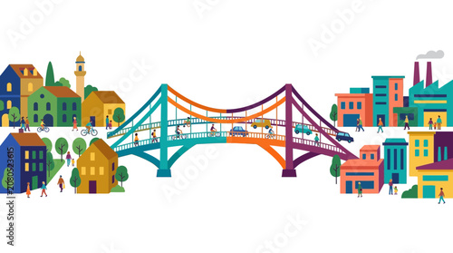 Colorful Bridge Linking Urban Cityscape with People and Vehicles Illustration