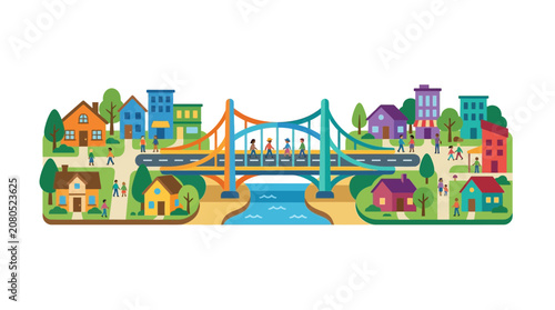 Colorful Cartoon City Landscape with Bridge and River