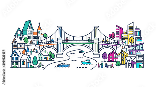 Colorful Cityscape with Suspension Bridge and River Illustration