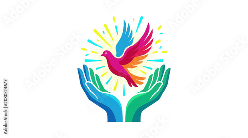 Colorful Dove Flying Above Open Hands Concept