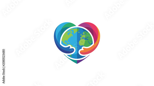 Colorful Earth Globe Held in Heart Shape Hands Logo