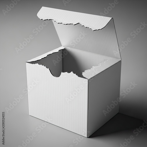 Open White Cardboard Box with Torn Edges on Gray Surface.