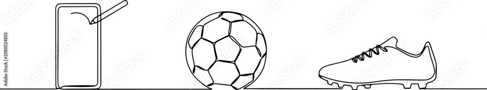 Naklejka premium Soccer ball, cleat, and smartphone with stylus in a continuous line style football shoe