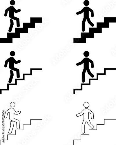 Black Filled and Outline Stick Figure Person Walking Climbing Up and Down Stairs Icon Set: Six Variants Vector Design