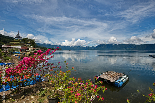 Flowery shores of Lake Maninjau in Indonesia