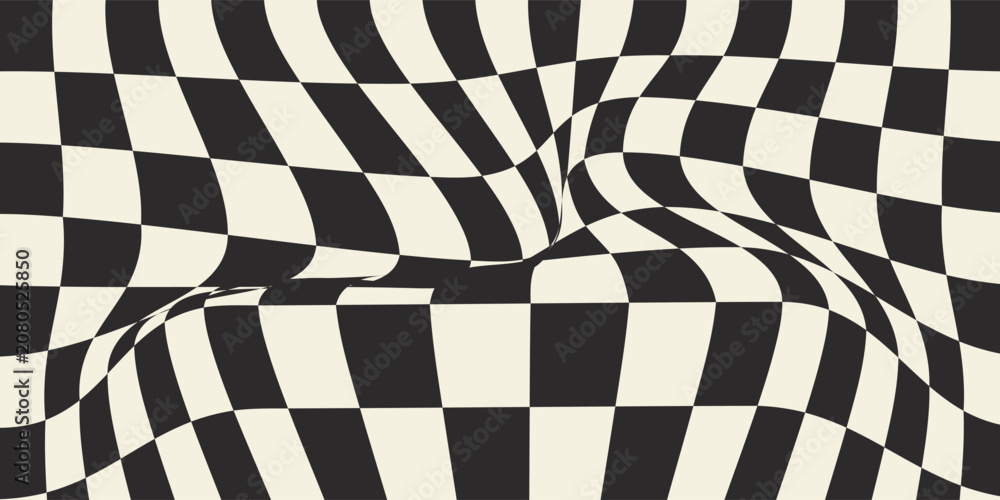 Obraz premium Trippy abstract wavy checkerboard black and white pattern. Optical illusion retro background, vector illustration eps 10