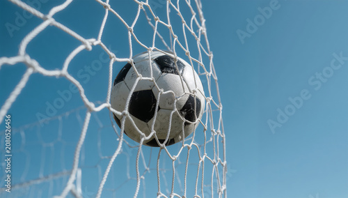 青空の下でサッカーボールがゴールネットに入る写真