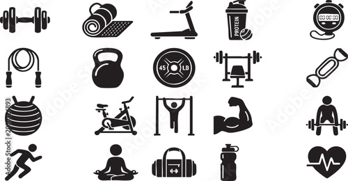 Gym Icon Set: A collection of monochrome fitness and sport icons, including dumbbells, treadmills, yoga mats, and weightlifting equipment, perfect for illustrating health and wellness themes.