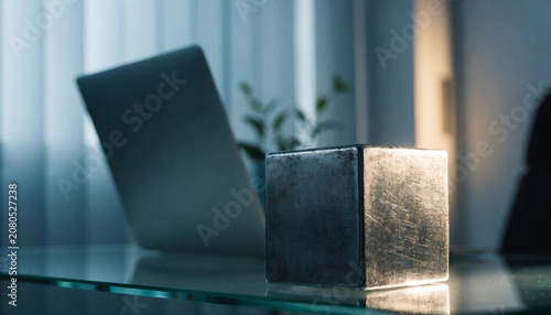 Minimalist Metallic Cube Paperweight on Glass Desk in Modern Office