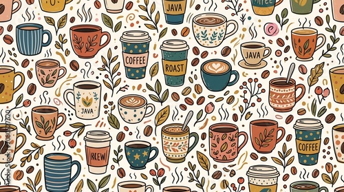 Hand drawn coffee cups seamless pattern doodle background with coffee beans and leaves