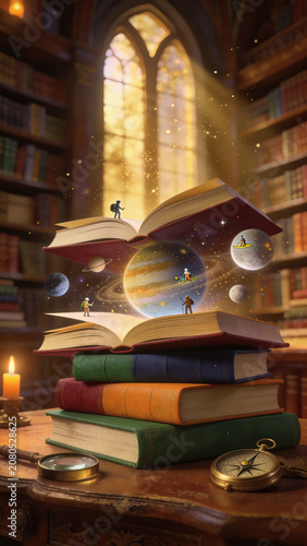 Open fantasy storybook with planets and miniature adventurers in classic library