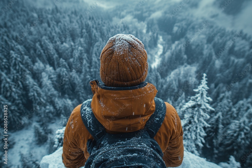 Naklejka premium Individual wearing an orange winter jacket and knitted hat stands on a snowy cliff overlooking a dense forest of evergreen trees in a mountainous landscape