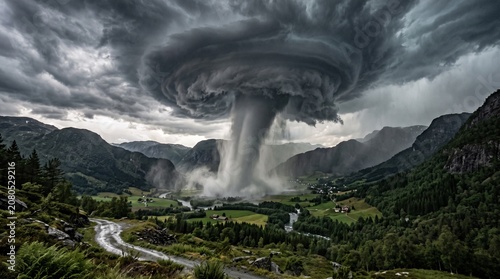 Fotografía Dramatic supercell tornado descending over a lush green valley in Norway during