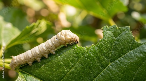 Close-up macro photography of a silkworm caterpillar feeding on a vibrant green mulberry leaf in a natural outdoor garden setting during the day