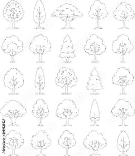 Assorted collection of stylized tree icons for graphic design and architectural plans
