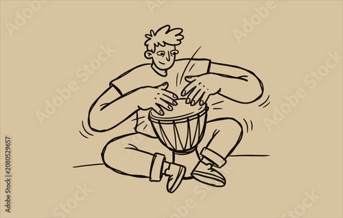Bilde på lerret Cheerful character drumming on a djembe representing world music hobby percussio