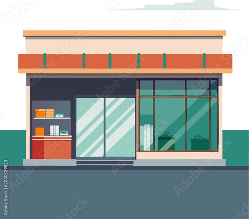 Store Front: A minimalist supermarket building facade with a large glass automatic door.