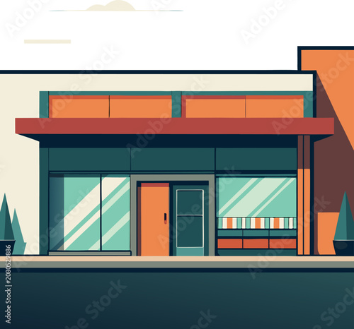 Store Front: A minimalist supermarket building facade with a large glass automatic door.