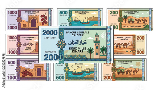 Foto Algerian 2000 Dinar Banknote Vector Set with Minimal Flat Currency Design