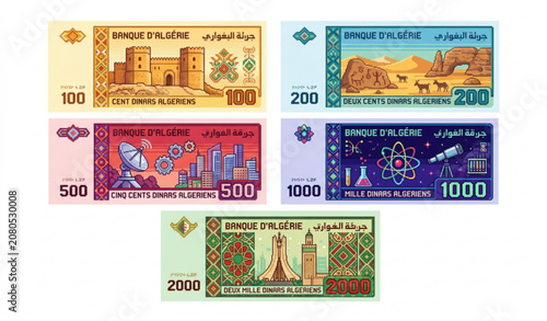 Obraz na plátne Colorful Pixel Art Algerian Dinar Bills Vector Set for Educational Play Money De