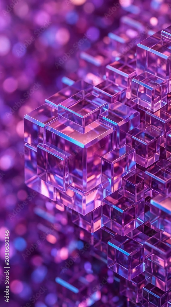 Fototapeta premium Abstract geometric pattern of translucent purple cubes with bokeh background, symbolizing complexity, data structure, and futuristic design