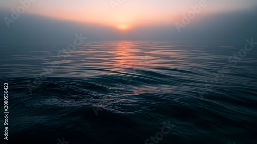 A serene seascape featuring the cool reflection of a sunset over calm ocean water in a foggy morning setting