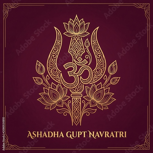 Golden trishul and om symbol with lotus flowers design for ashadha gupt navratri celebration greeting card graphic illustration on a dark maroon background