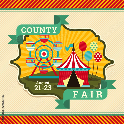Obraz na plátně Retro county fair emblem design with carnival tent, ferris wheel, and balloons