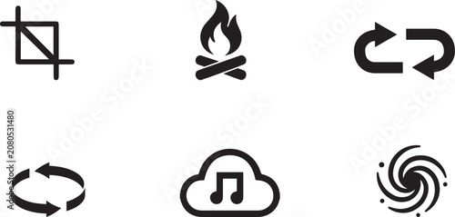 Minimalist black icon set with 6 vector elements, flat UI symbols for crop and bonfire, cloud music and sync arrows for web design