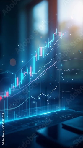 Blue glowing financial charts float above laptop keyboard. Data lines rise sharply against dark background. Futuristic digital display suggests market growth. Perfect for financial reports