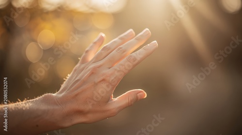 A close-up of a hand reaching toward warm, golden sunlight with a soft bokeh background.